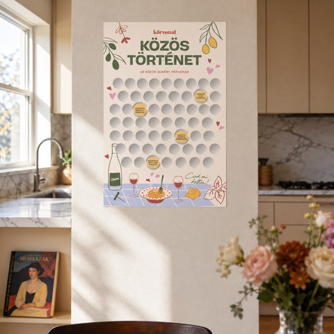 Közös Történet kaparós poszter a konyha falán
